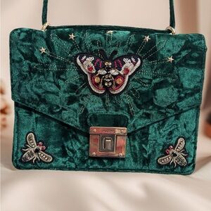 ALDO Emerald Green Velvet Embroidered Butterfly Shoulder Bag with Gold Hardware